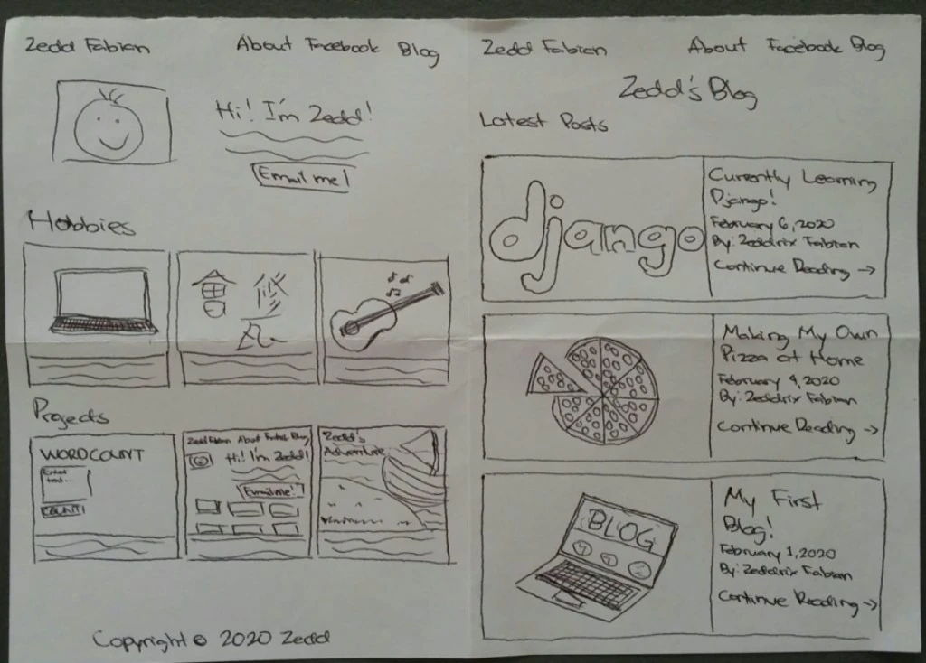 Hand-drawn 2020 wireframe sketch of Zedd Fabian's portfolio About page and blog layout