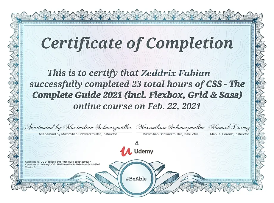 CSS – The Complete Guide 2021 (incl. Flexbox, Grid & Sass) certificate