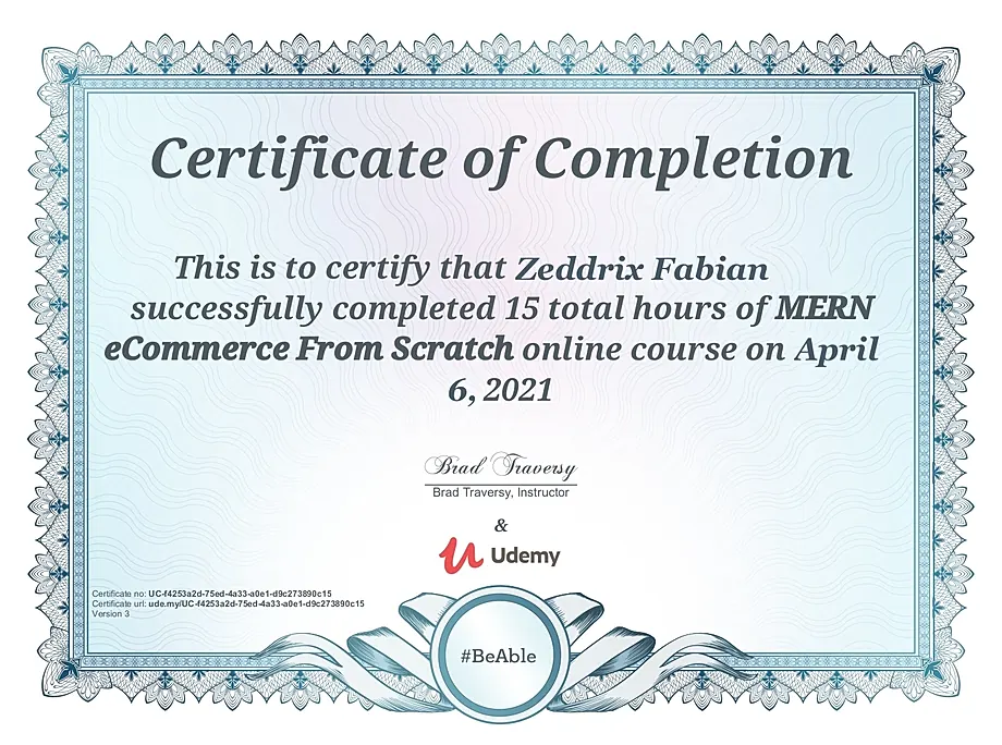 MERN eCommerce From Scratch certificate