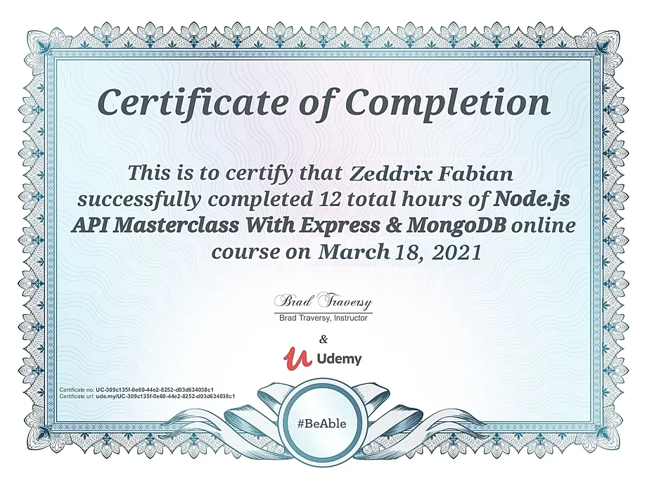 Node.js API Masterclass With Express & MongoDB certificate